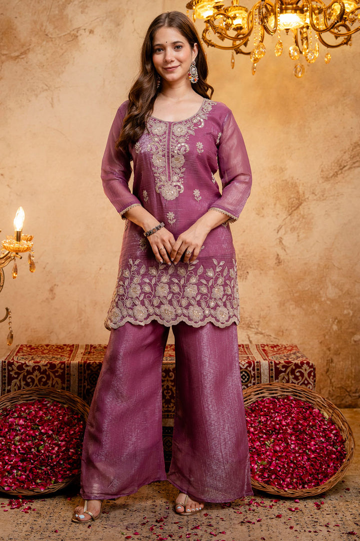 Fancy Fabric Festive Palazzo Suit In Purple Color