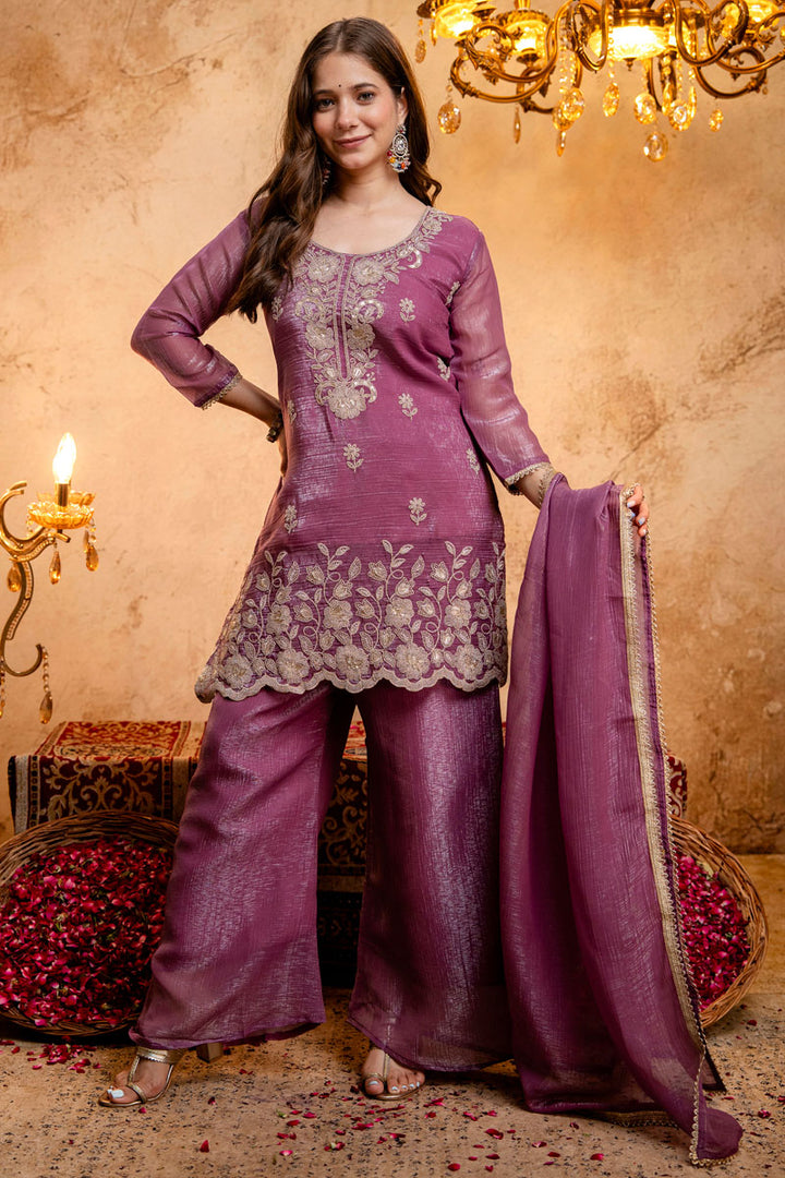 Fancy Fabric Festive Palazzo Suit In Purple Color