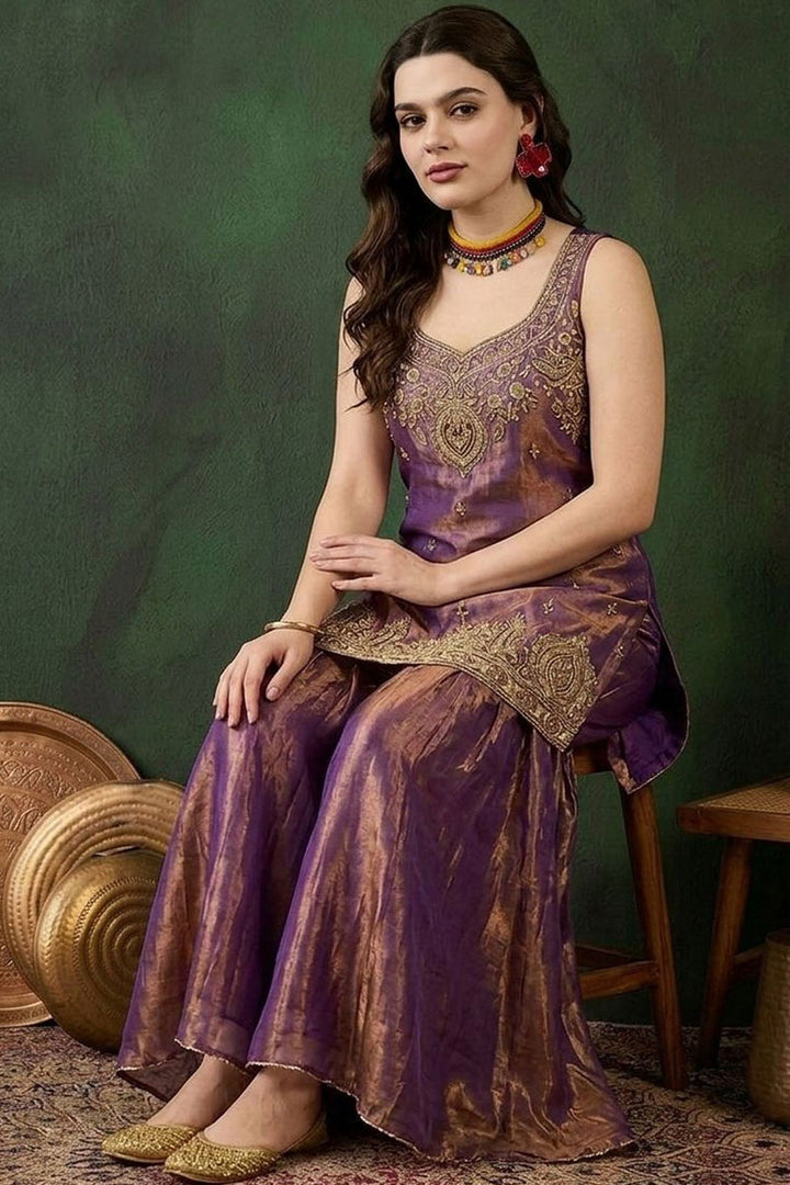 Satin Fabric Festive Style Palazzo Suit In Purple Color