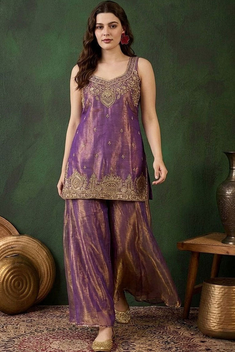 Satin Fabric Festive Style Palazzo Suit In Purple Color