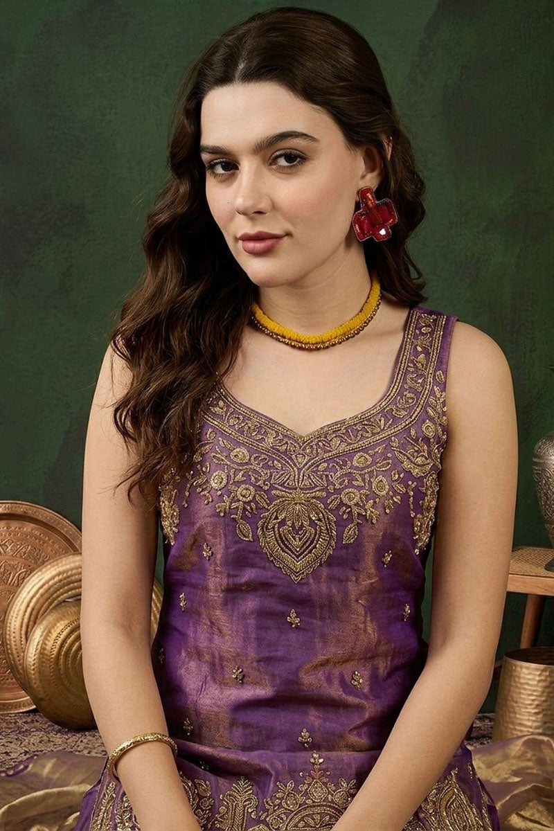 Satin Fabric Festive Style Palazzo Suit In Purple Color