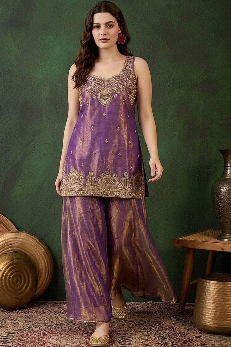 Satin Fabric Festive Style Palazzo Suit In Purple Color
