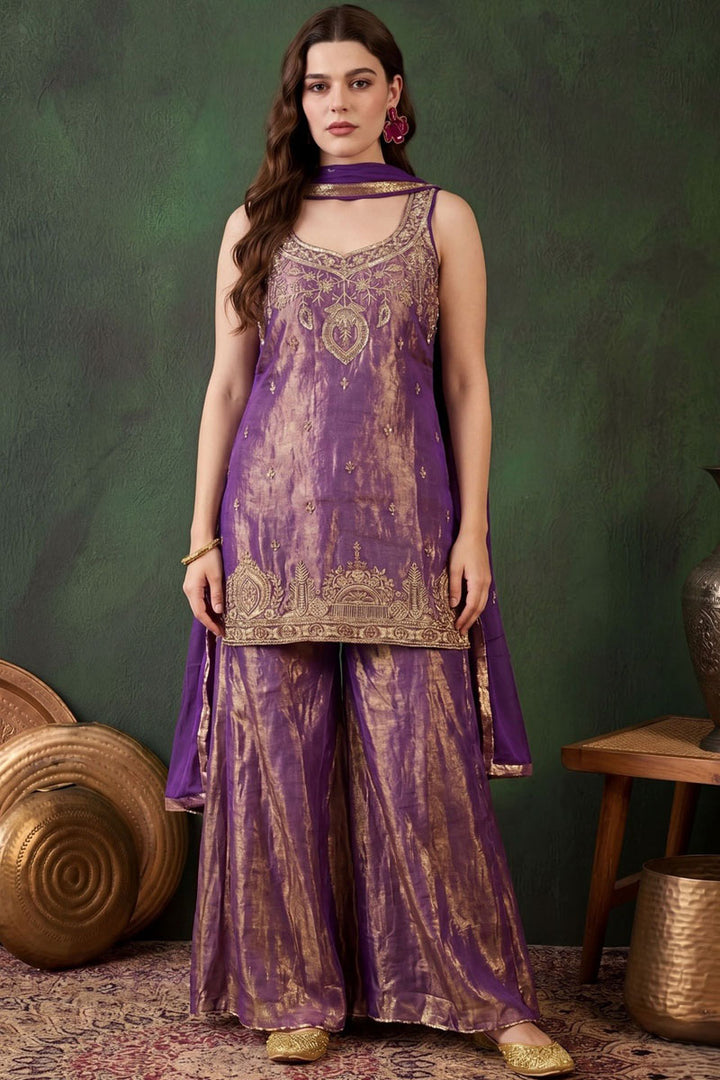 Satin Fabric Festive Style Palazzo Suit In Purple Color