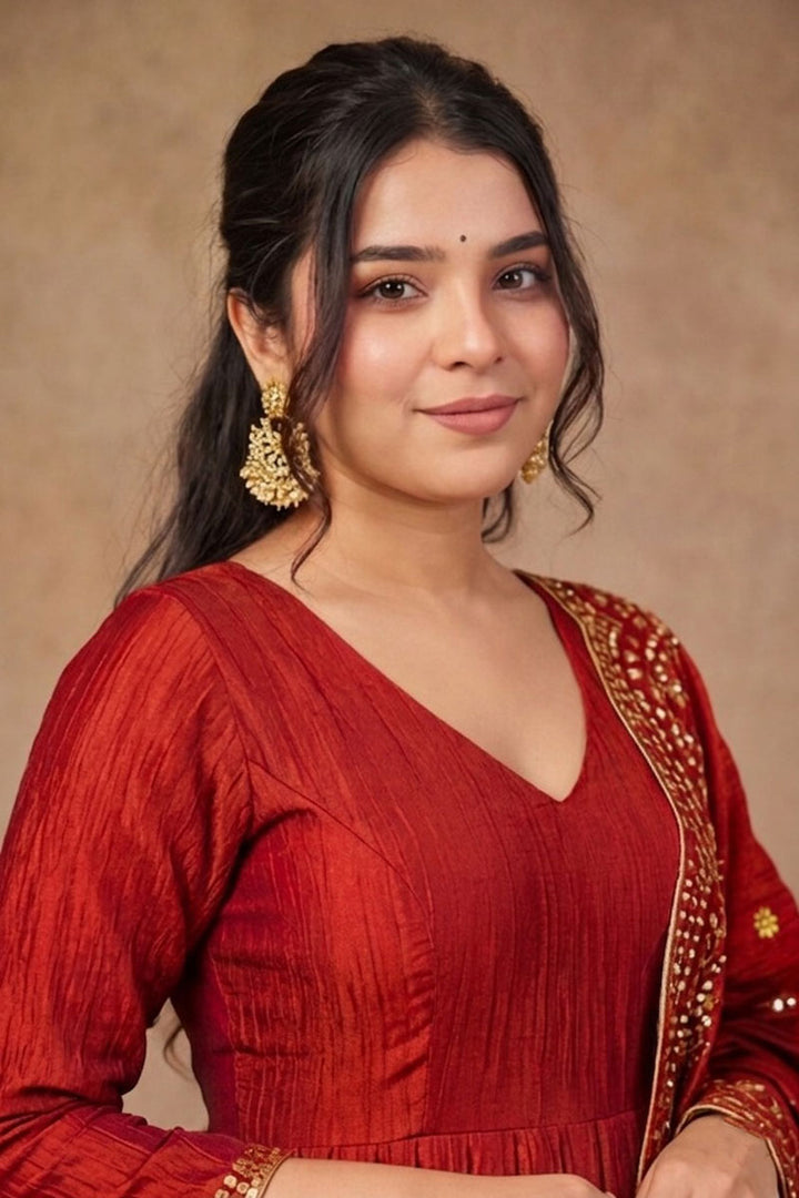 Readymade Fancy Fabric Red Anarkali Style Palazzo Suit