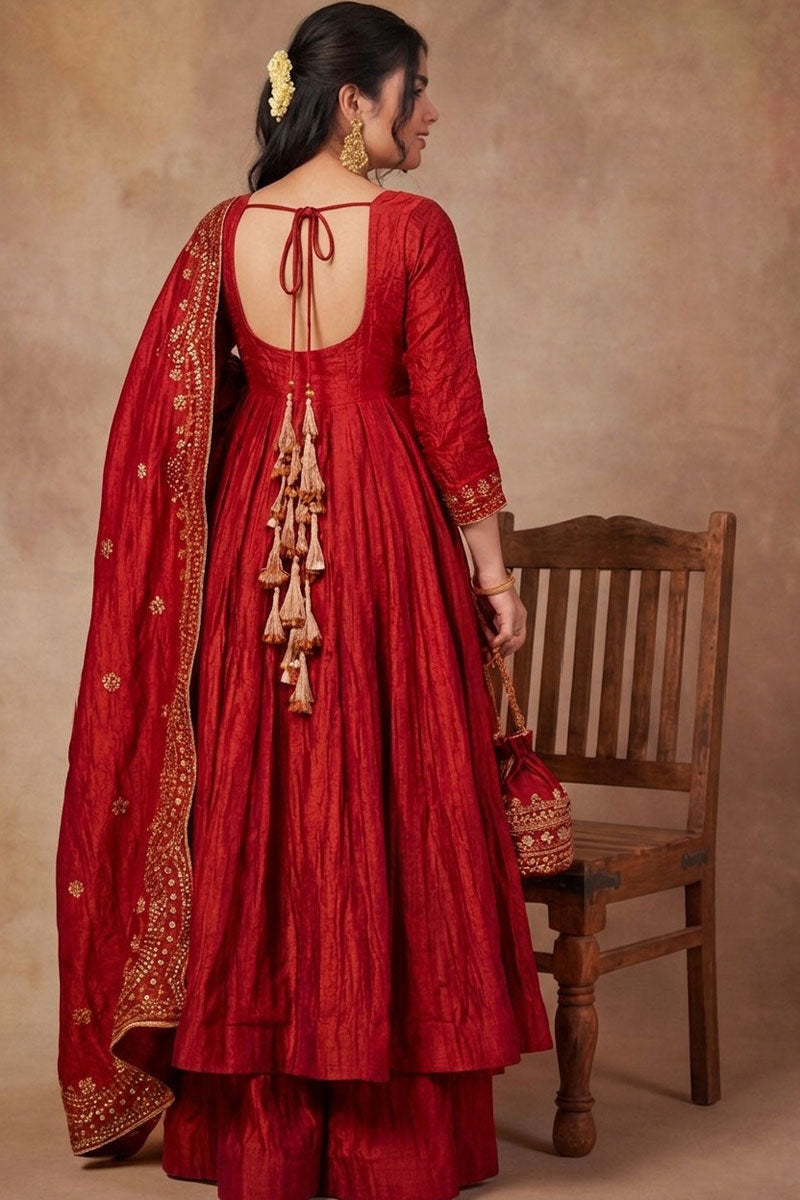 Readymade Fancy Fabric Red Anarkali Style Palazzo Suit