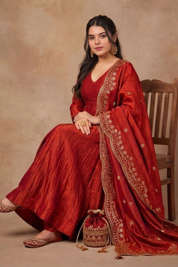 Readymade Fancy Fabric Red Anarkali Style Palazzo Suit