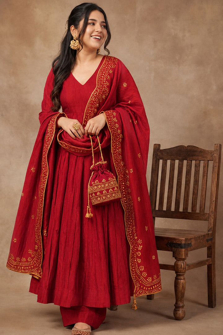 Readymade Fancy Fabric Red Anarkali Style Palazzo Suit