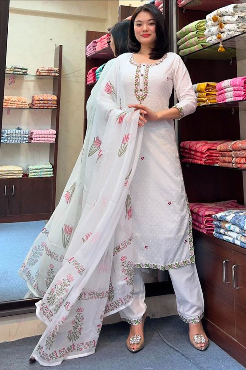 Engaging Off White Georgette Readymade Salwar Suit