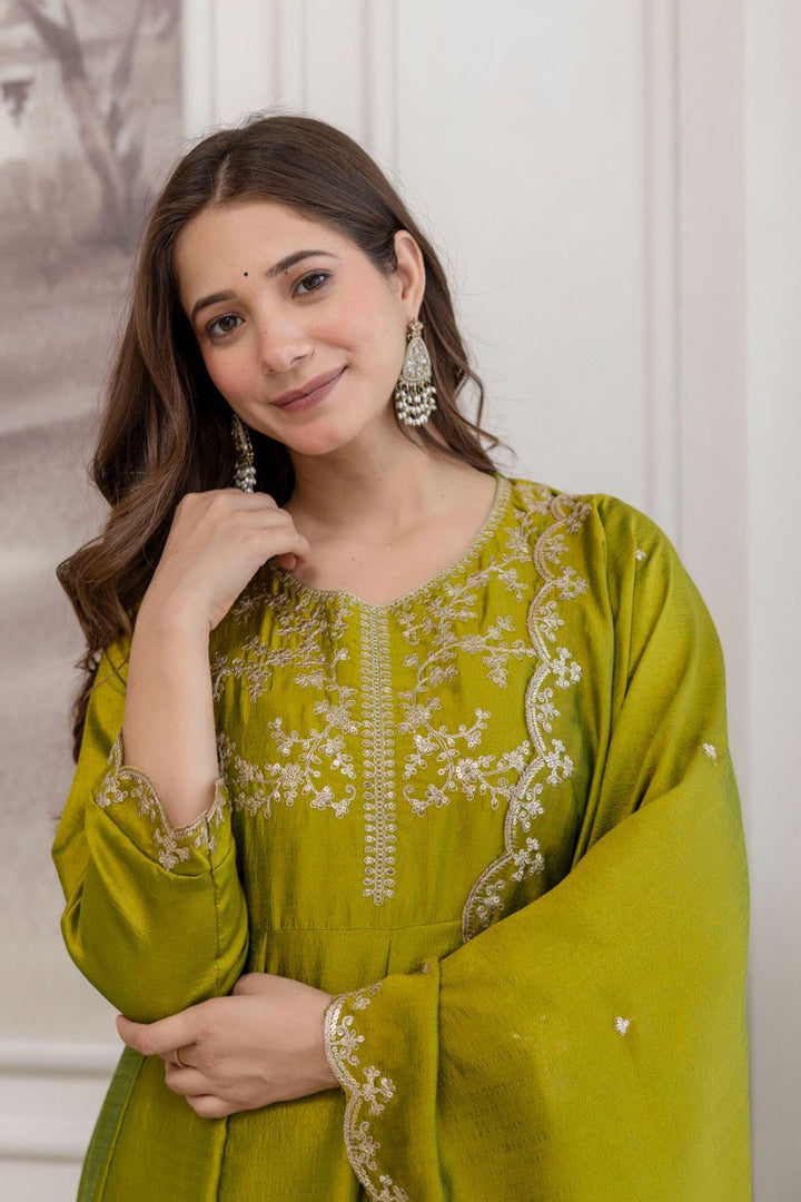 Amazing Green Vichitra Fabric Anarkali Suit For Festive