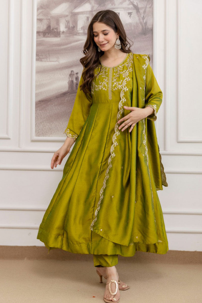 Amazing Green Vichitra Fabric Anarkali Suit For Festive