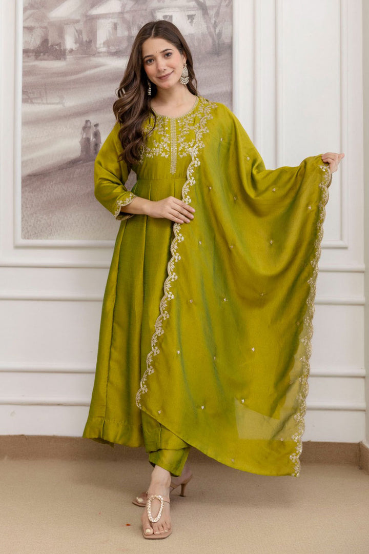 Amazing Green Vichitra Fabric Anarkali Suit For Festive