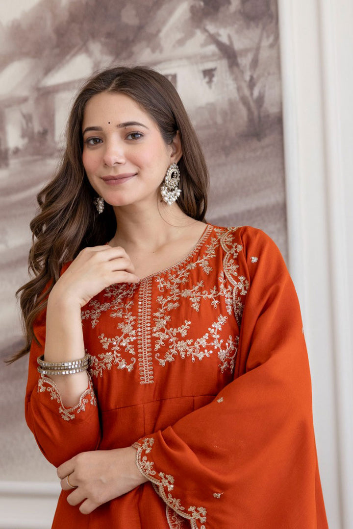 Trendy Rust Color Vichitra Fabric Festive Style Anarkali Suit