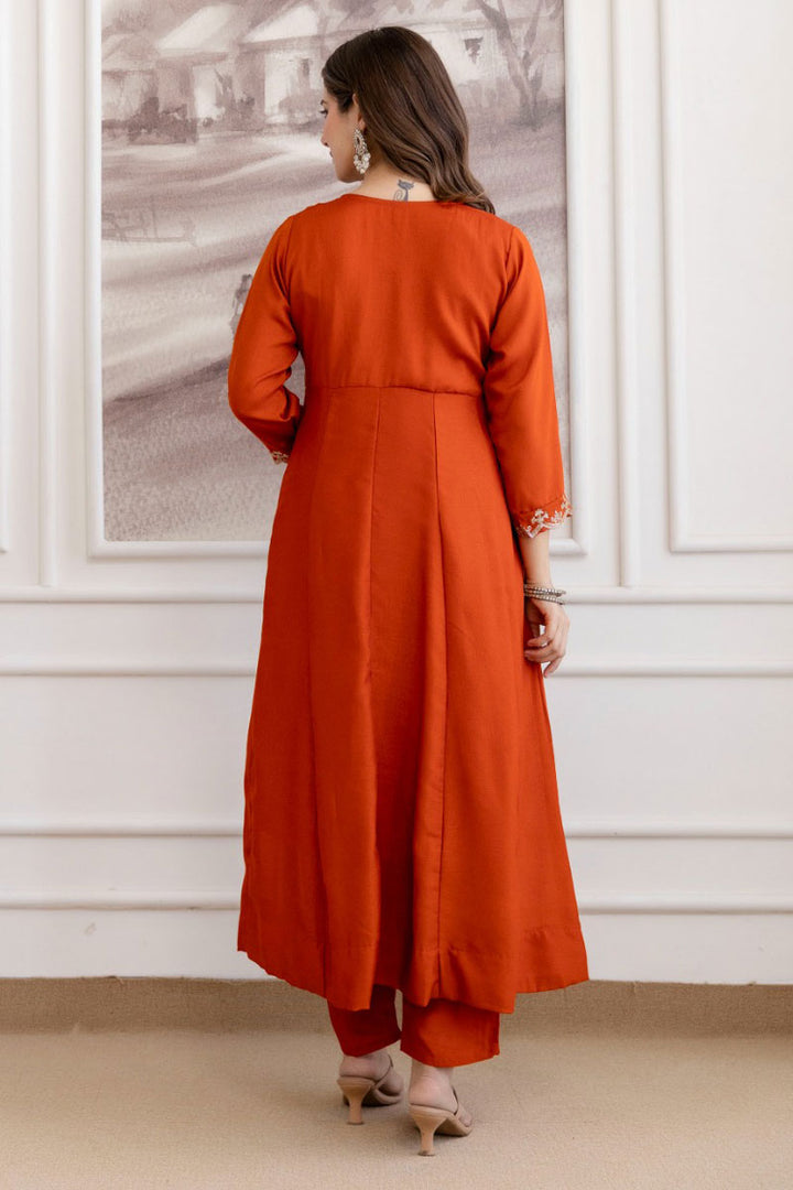 Trendy Rust Color Vichitra Fabric Festive Style Anarkali Suit