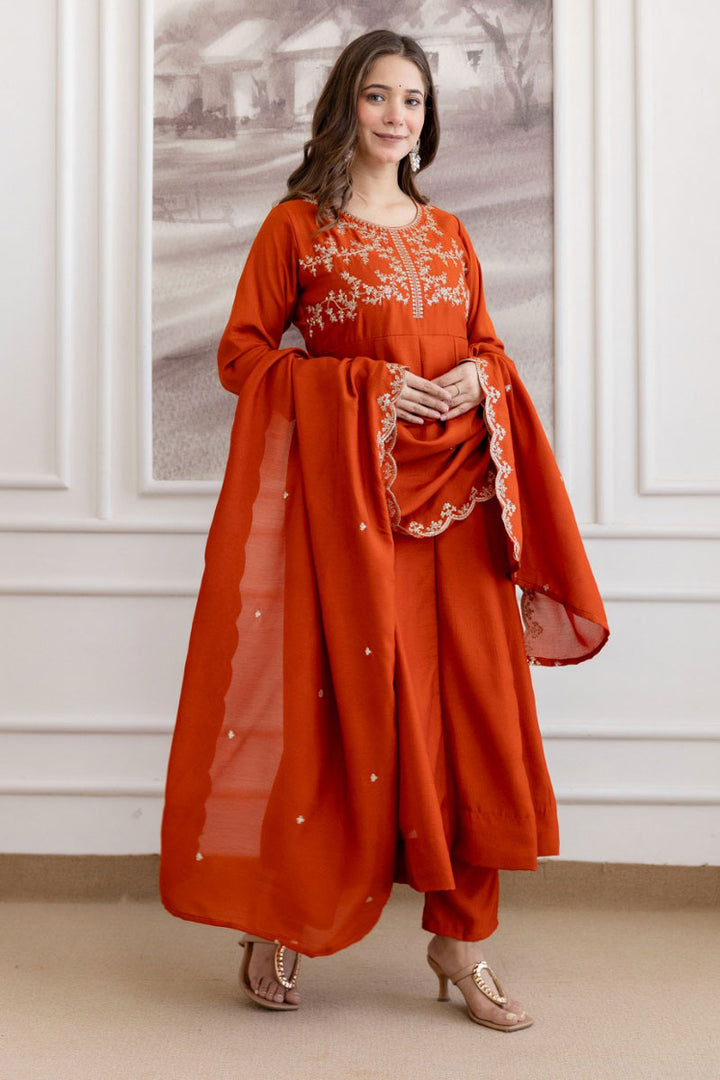 Trendy Rust Color Vichitra Fabric Festive Style Anarkali Suit