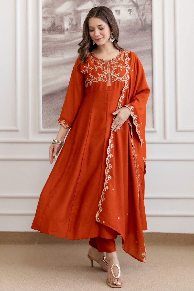 Trendy Rust Color Vichitra Fabric Festive Style Anarkali Suit