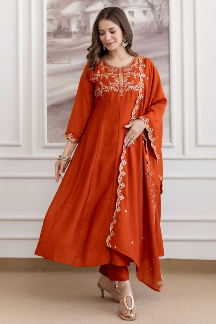 Trendy Rust Color Vichitra Fabric Festive Style Anarkali Suit