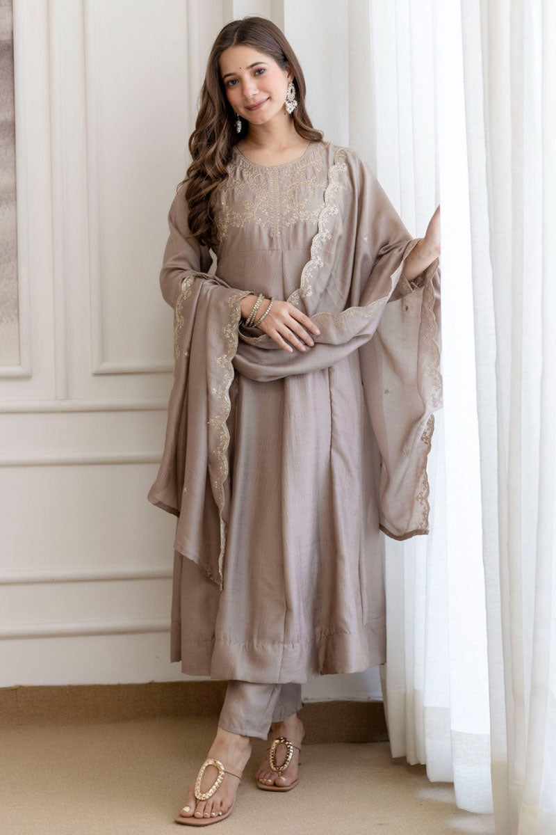 Beige Color Embroidered Chic Vichitra Fabric Anarkali Suit