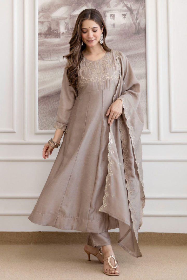 Beige Color Embroidered Chic Vichitra Fabric Anarkali Suit
