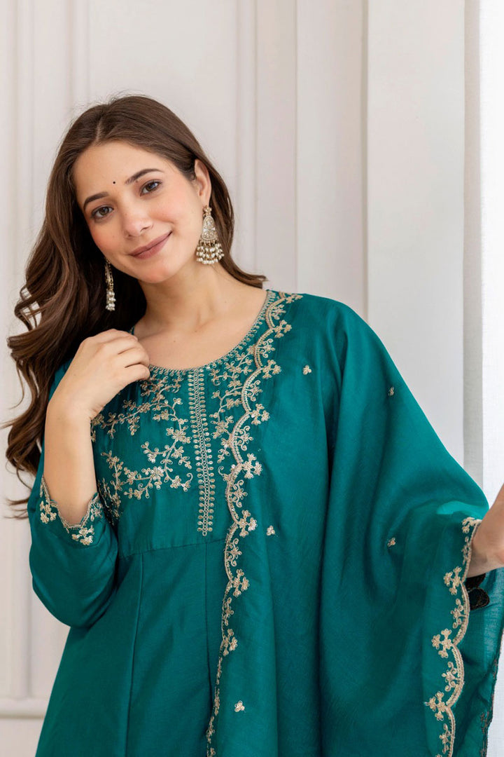 Readymade Teal Color Vichitra Fabric Anarkali Suit
