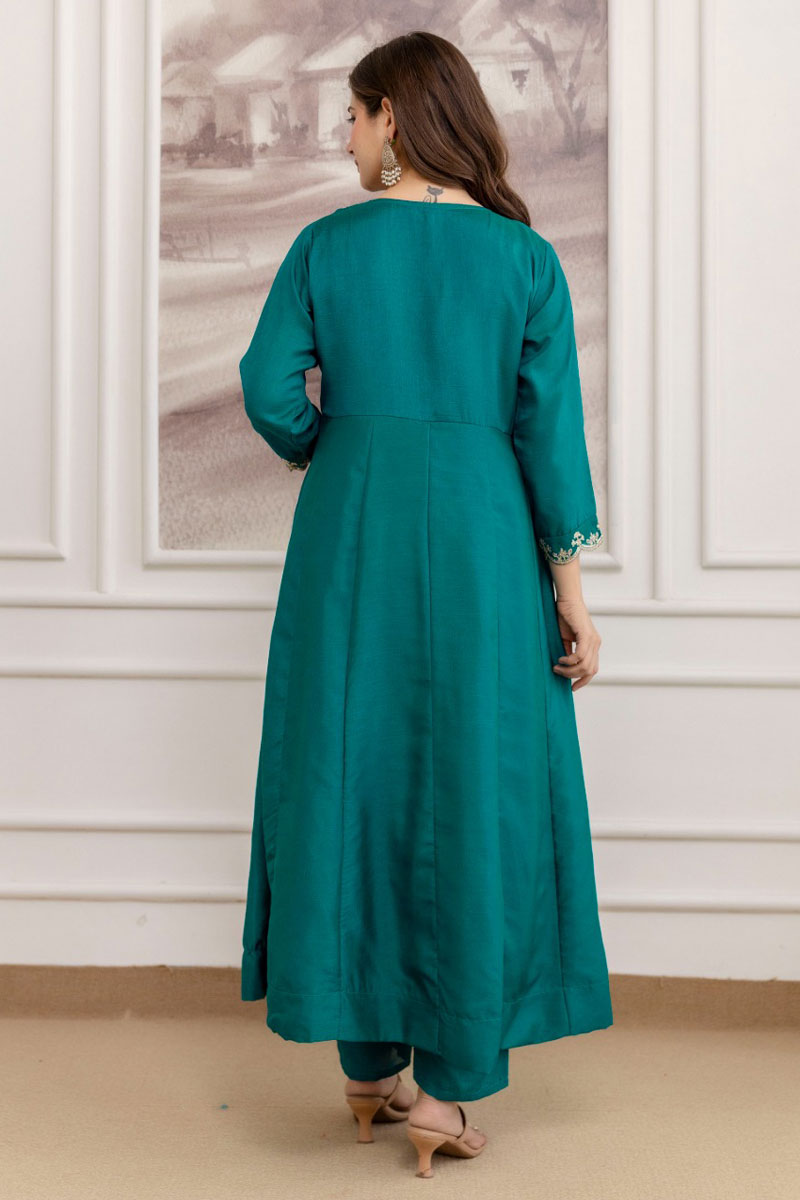 Readymade Teal Color Vichitra Fabric Anarkali Suit