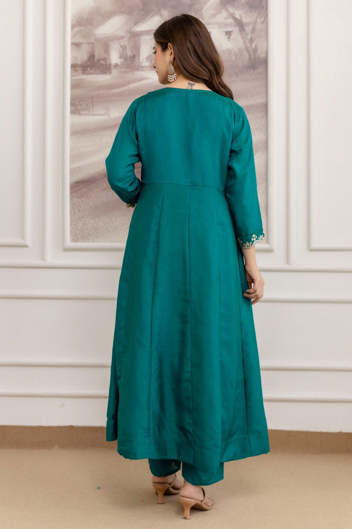 Readymade Teal Color Vichitra Fabric Anarkali Suit