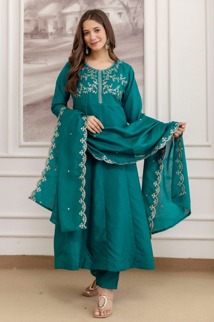 Readymade Teal Color Vichitra Fabric Anarkali Suit