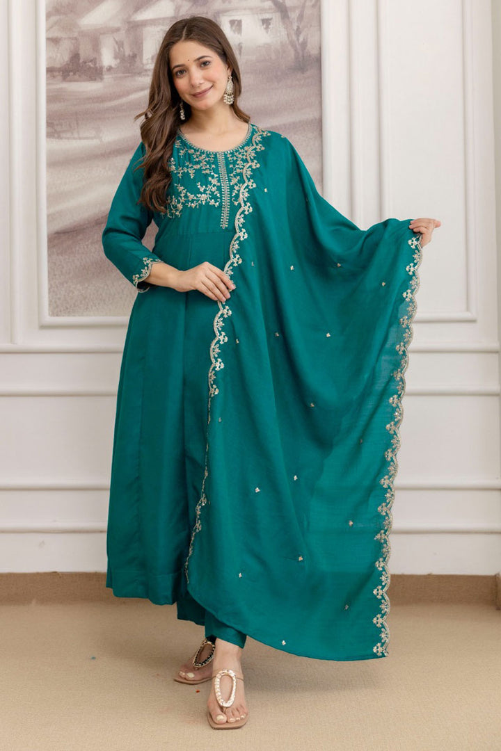 Readymade Teal Color Vichitra Fabric Anarkali Suit