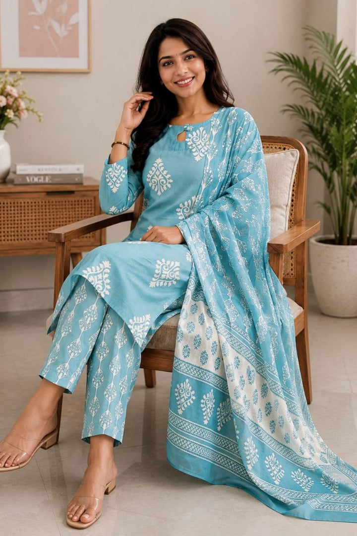 Graceful Rayon Fabric Sky Blue Salwar Suit For Festive