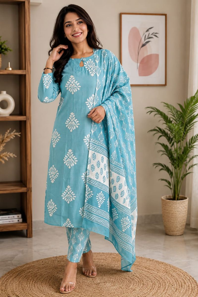 Graceful Rayon Fabric Sky Blue Salwar Suit For Festive