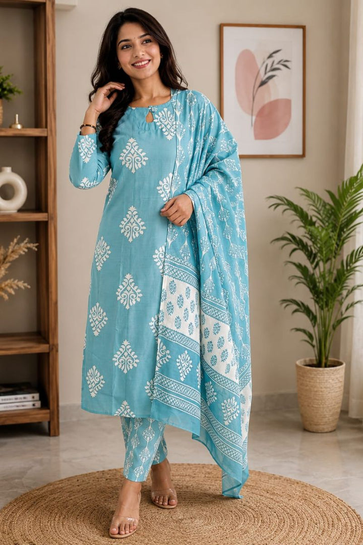 Graceful Rayon Fabric Sky Blue Salwar Suit For Festive