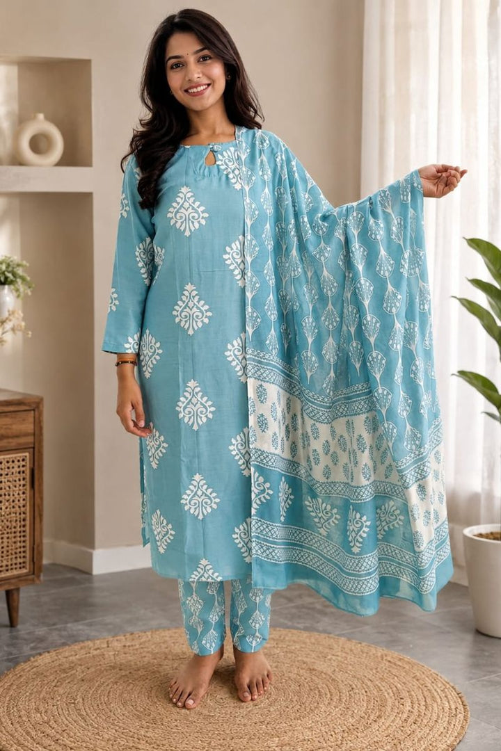 Graceful Rayon Fabric Sky Blue Salwar Suit For Festive