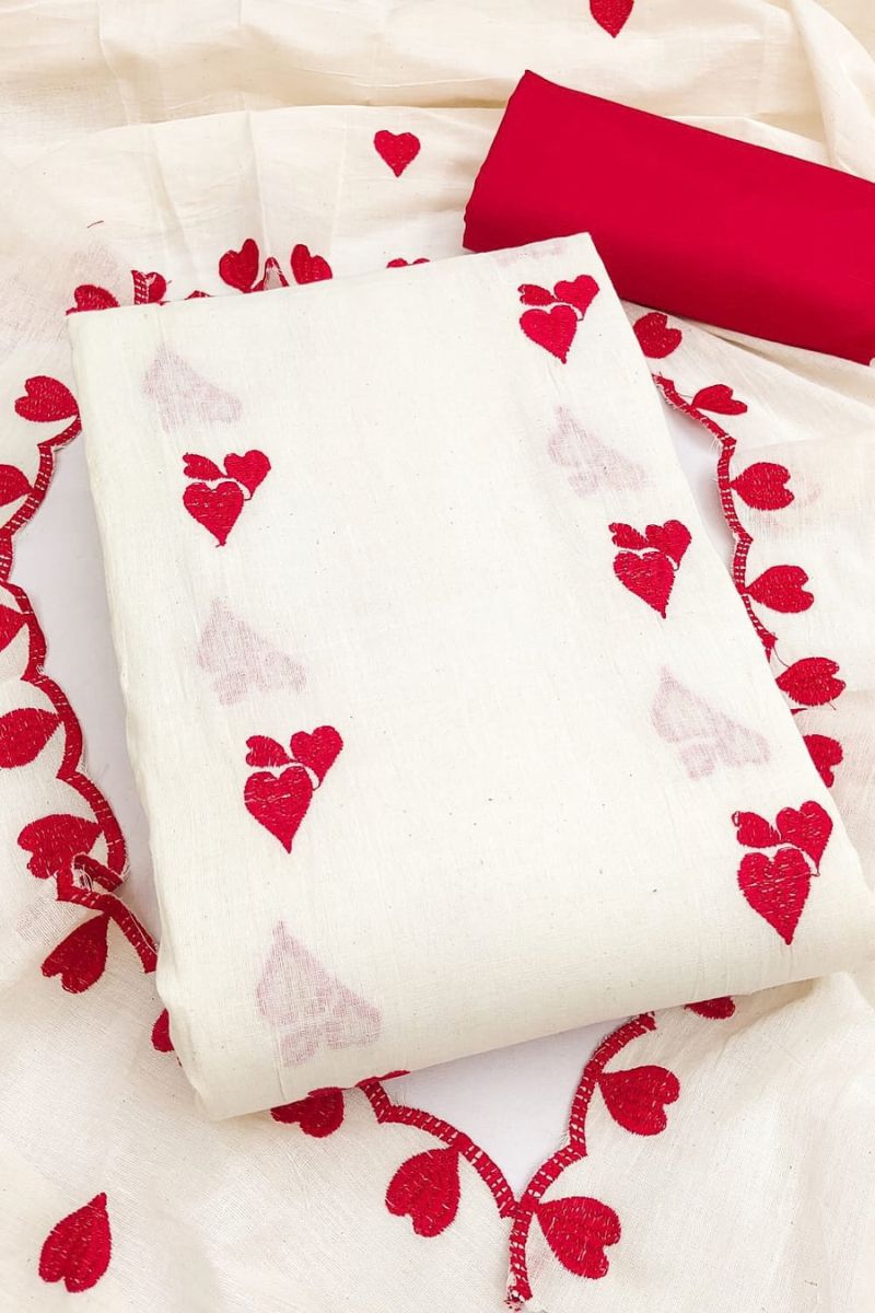 Off White Cotton Red Color Heart Embroidered Design Salwar Suit | Buy Online India