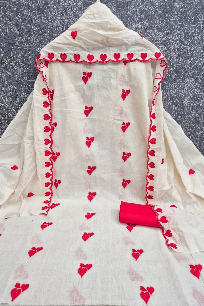 Off White Cotton Red Color Heart Embroidered Design Salwar Suit | Buy Online India