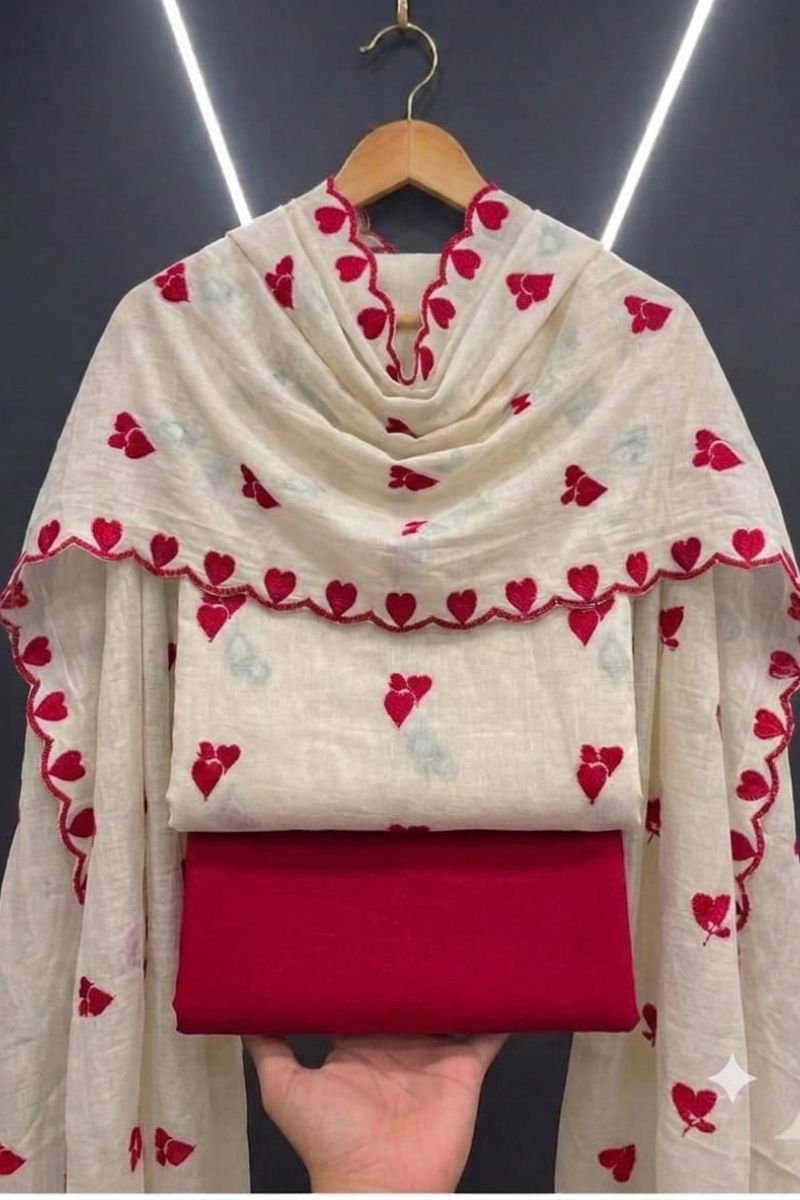 Off White Cotton Red Color Heart Embroidered Design Salwar Suit | Buy Online India