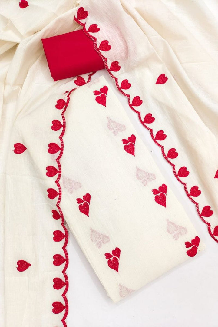 Off White Cotton Red Color Heart Embroidered Design Salwar Suit | Buy Online India
