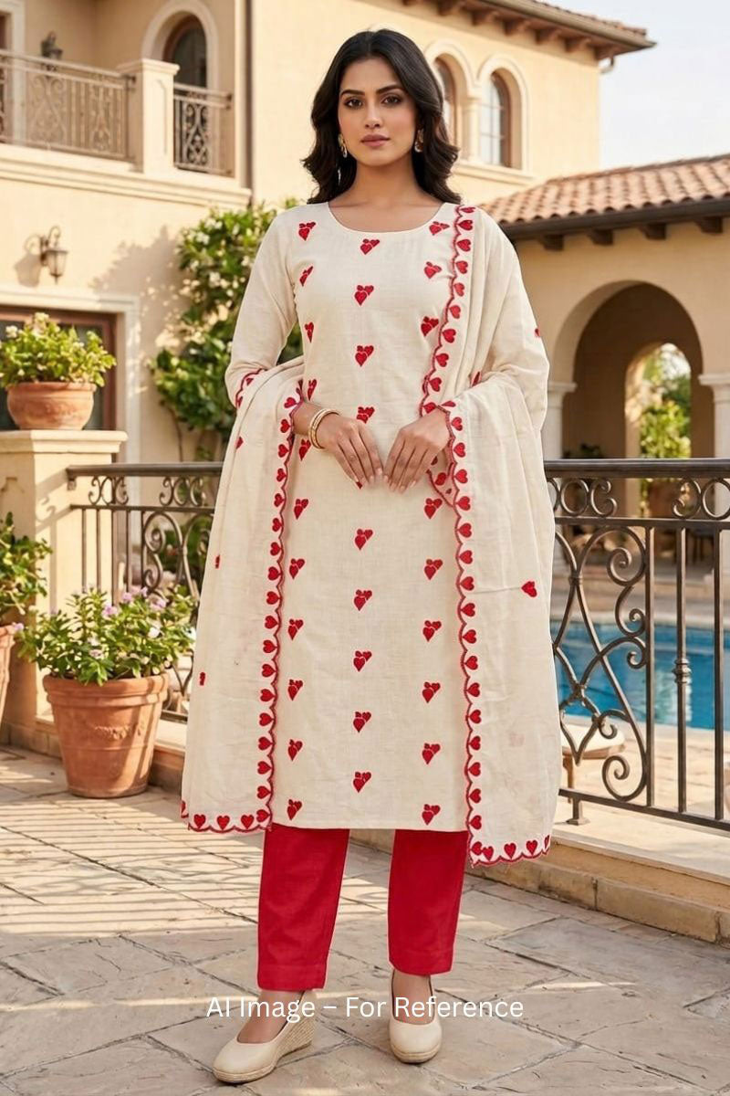 Off White Cotton Red Color Heart Embroidered Design Salwar Suit | Buy Online India