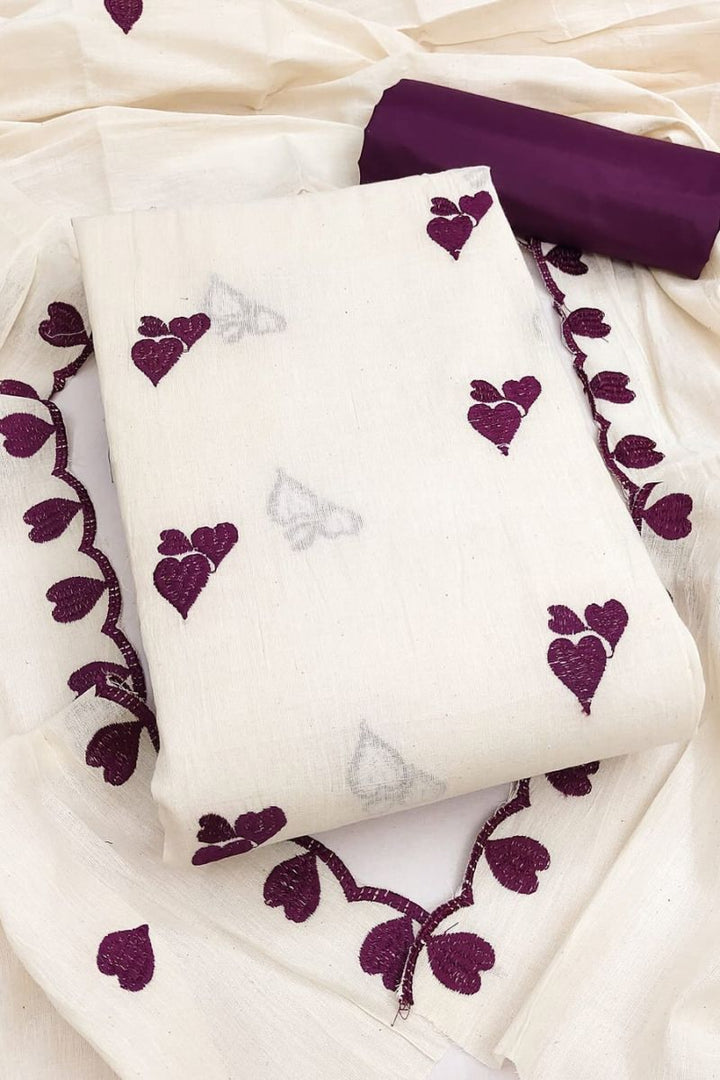Off White Cotton Purple Color Heart Embroidered Design Salwar Suit | Buy Online India