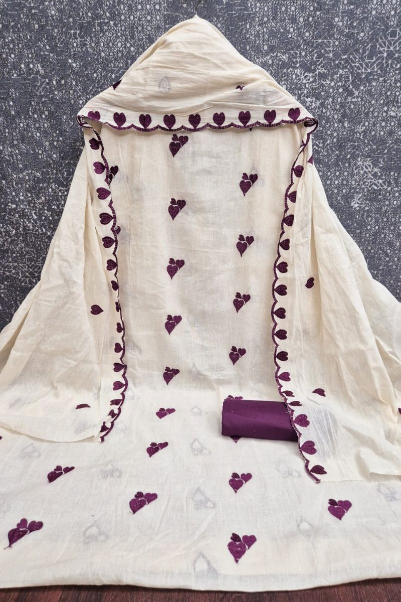 Off White Cotton Purple Color Heart Embroidered Design Salwar Suit | Buy Online India