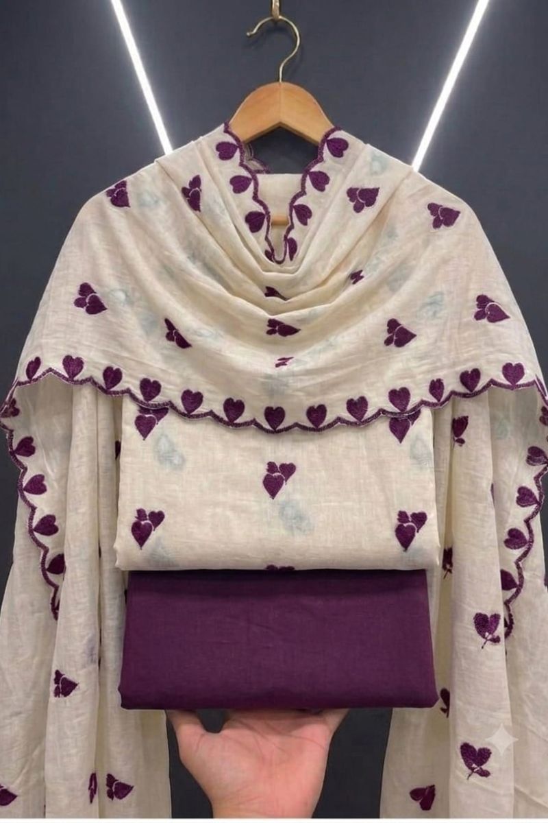 Off White Cotton Purple Color Heart Embroidered Design Salwar Suit | Buy Online India