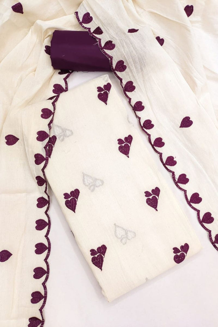 Off White Cotton Purple Color Heart Embroidered Design Salwar Suit | Buy Online India