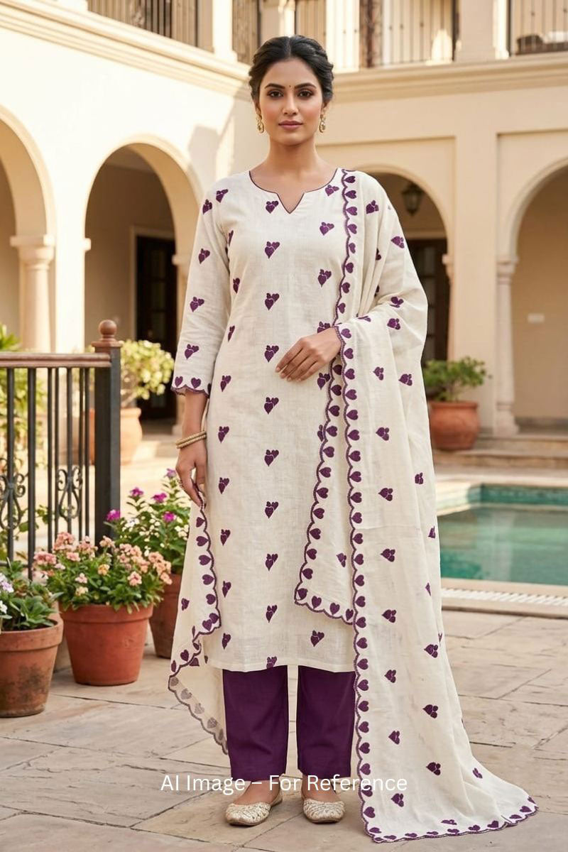 Off White Cotton Purple Color Heart Embroidered Design Salwar Suit | Buy Online India