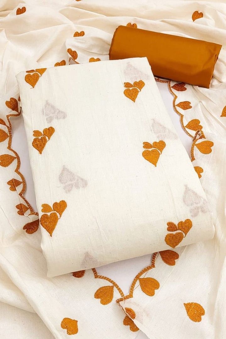 Off White Cotton Mustard Color Heart Embroidered Design Salwar Suit | Buy Online India