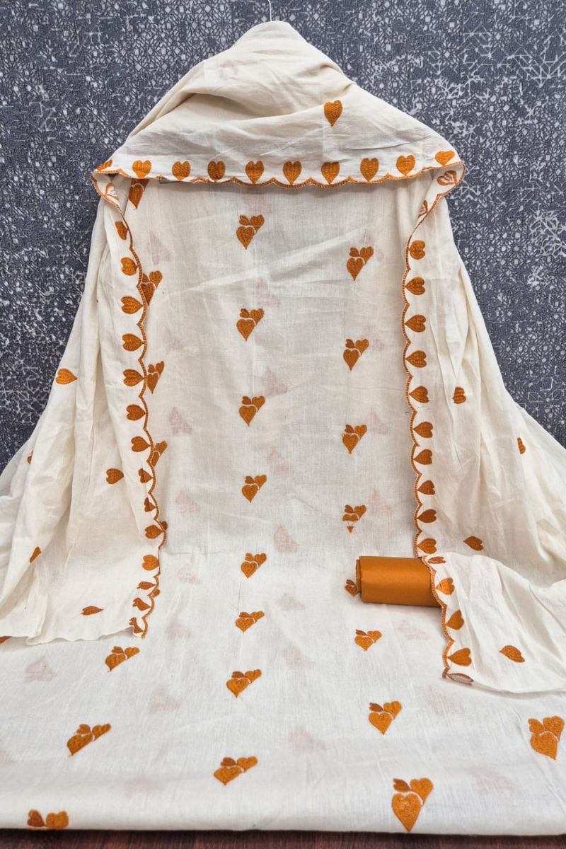 Off White Cotton Mustard Color Heart Embroidered Design Salwar Suit | Buy Online India