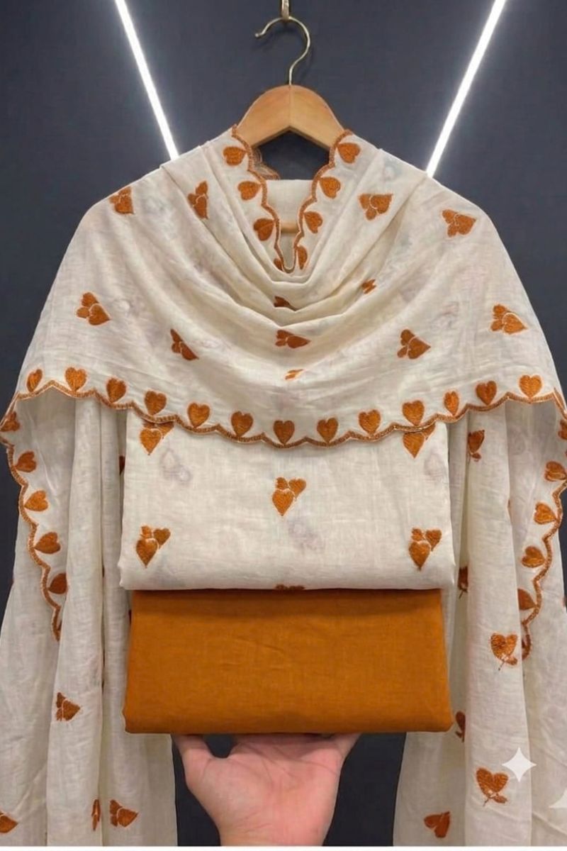 Off White Cotton Mustard Color Heart Embroidered Design Salwar Suit | Buy Online India