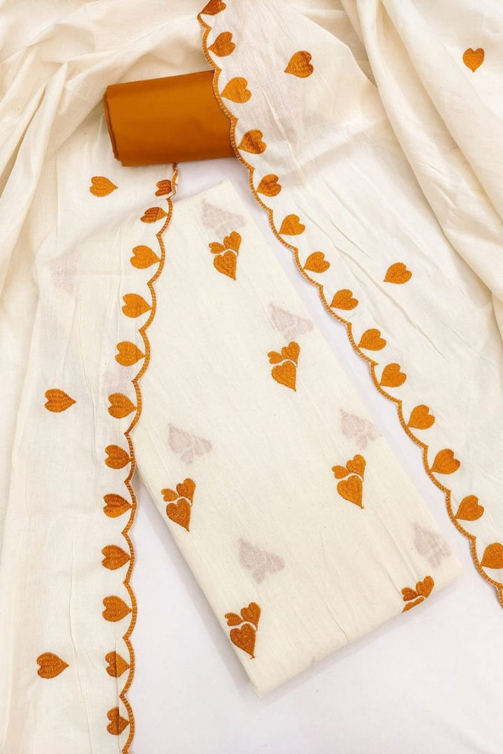 Off White Cotton Mustard Color Heart Embroidered Design Salwar Suit | Buy Online India