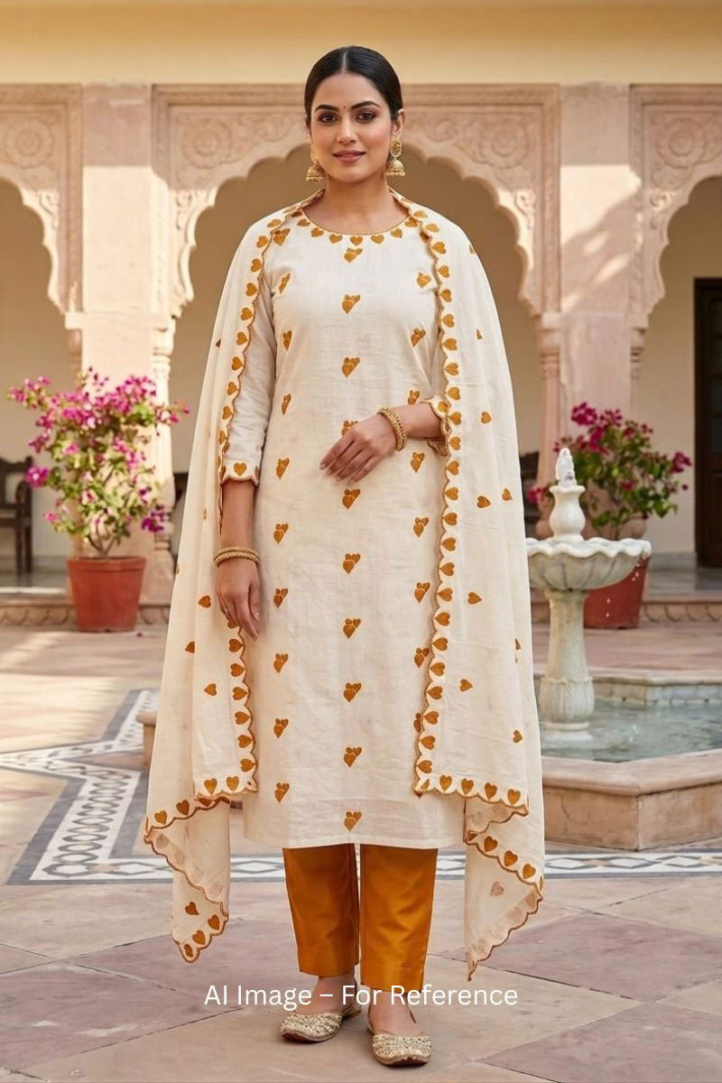 Off White Cotton Mustard Color Heart Embroidered Design Salwar Suit | Buy Online India