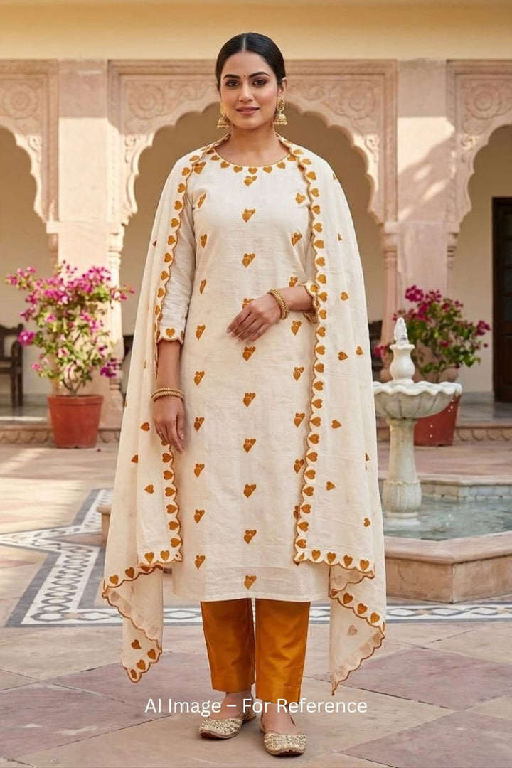 Off White Cotton Mustard Color Heart Embroidered Design Salwar Suit | Buy Online India