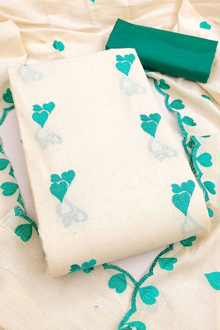 Off White Cotton Teal Color Heart Embroidered Design Salwar Suit | Buy Online India
