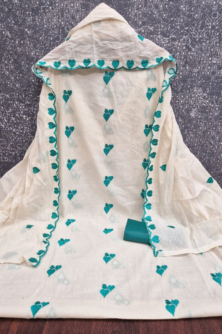 Off White Cotton Teal Color Heart Embroidered Design Salwar Suit | Buy Online India