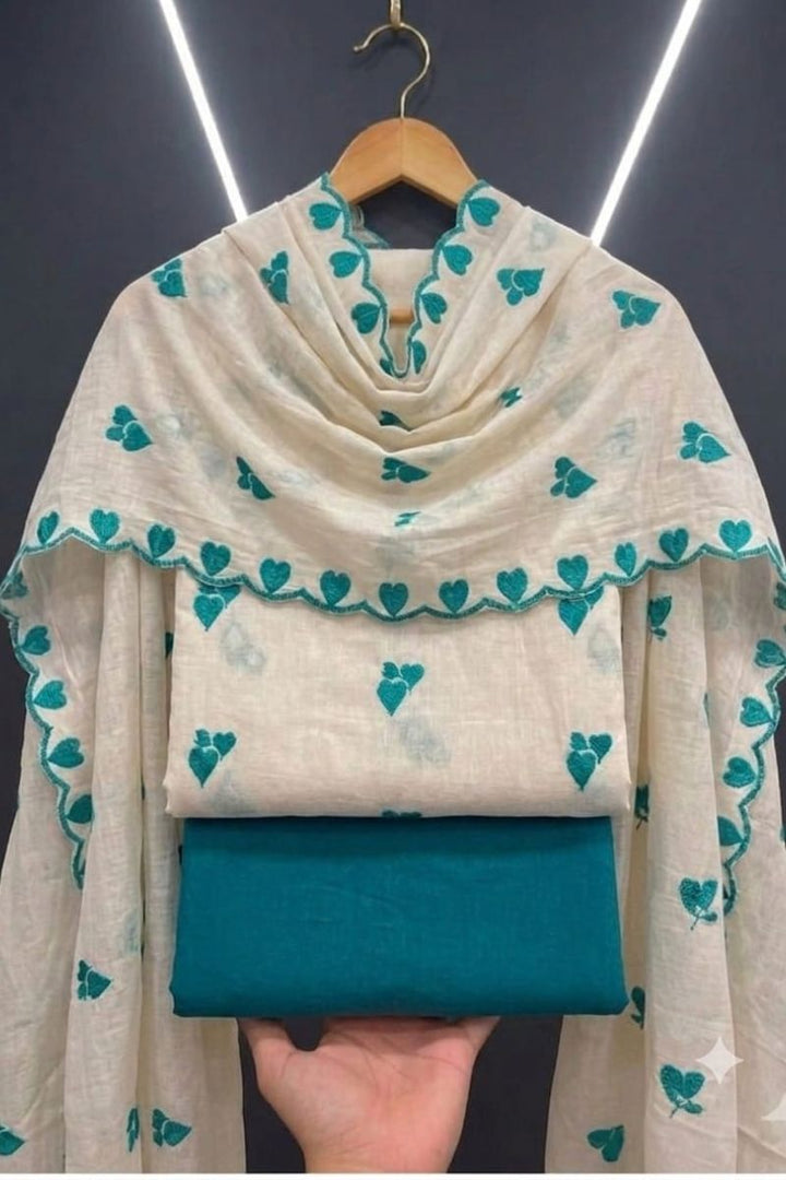Off White Cotton Teal Color Heart Embroidered Design Salwar Suit | Buy Online India